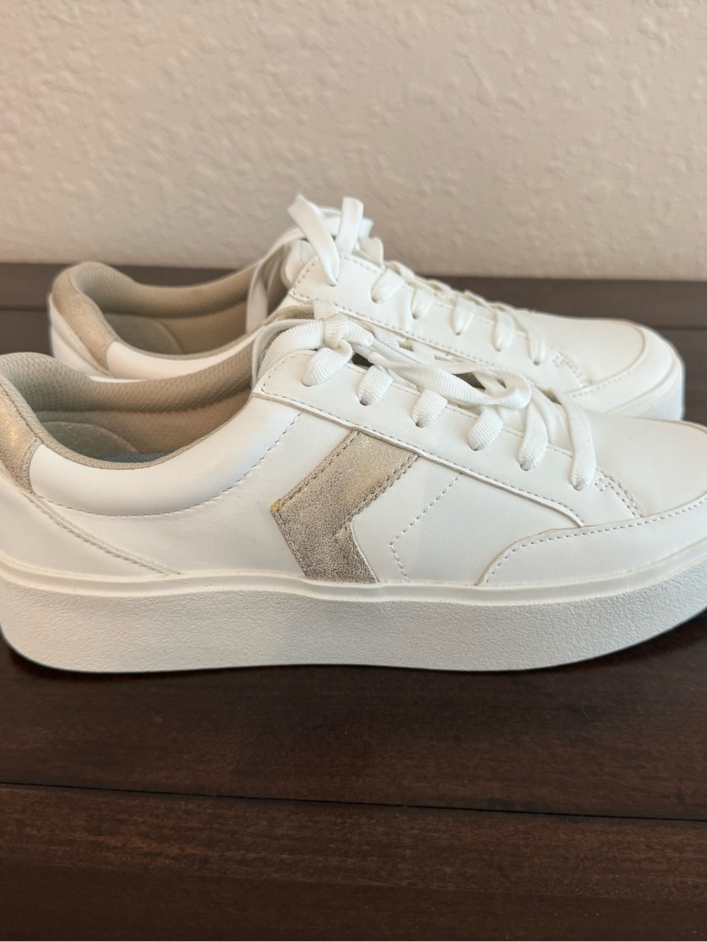 Dr. Scholl's White Platform Sneakers with gold Suede Accent